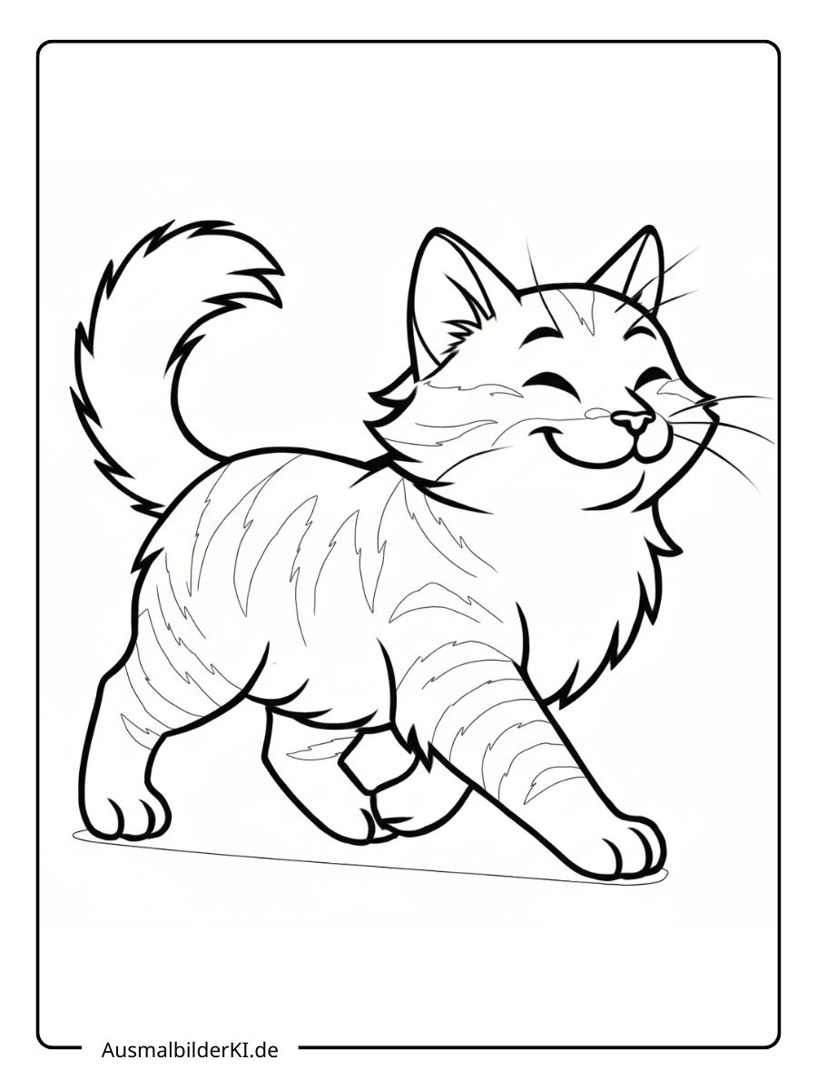 Ausmalbild einer fröhlich lächelnden, getigerten Katze, die spazieren geht