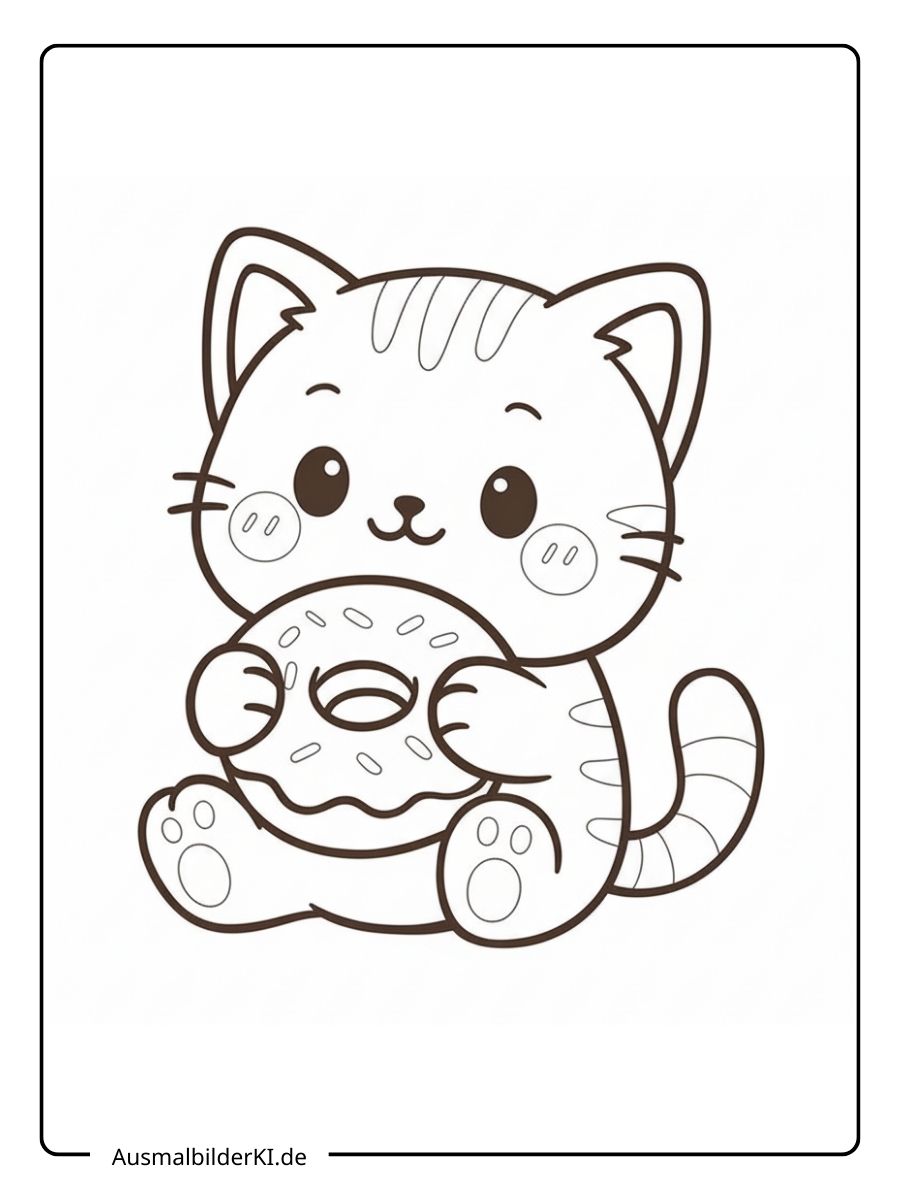Ein kostenloses Katze Ausmalbild als PDF zum Ausdrucken, das ein süßes kleines Kätzchen zeigt, das einen großen Donut in den Pfoten hält.