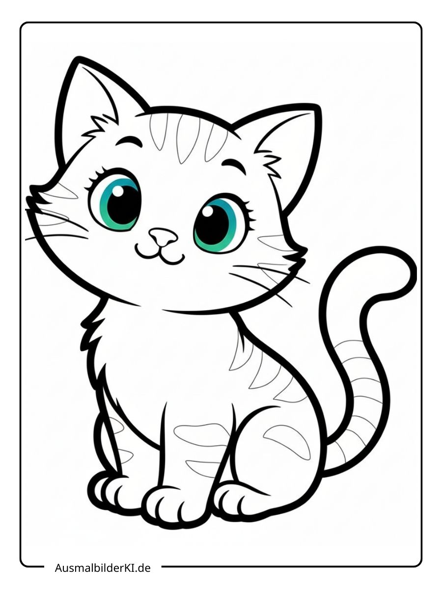 Ein kostenloses Katze Ausmalbild als PDF zum Ausdrucken, das eine niedliche, sitzende Katze mit großen Augen und Streifen zeigt.