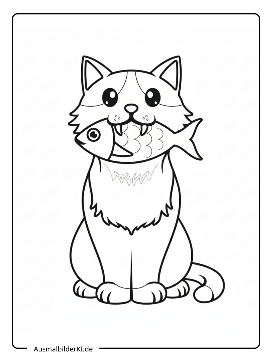 Ein kostenloses Katze Ausmalbild als PDF zum Ausdrucken, das eine sitzende Katze mit einem großen Fisch im Maul zeigt.