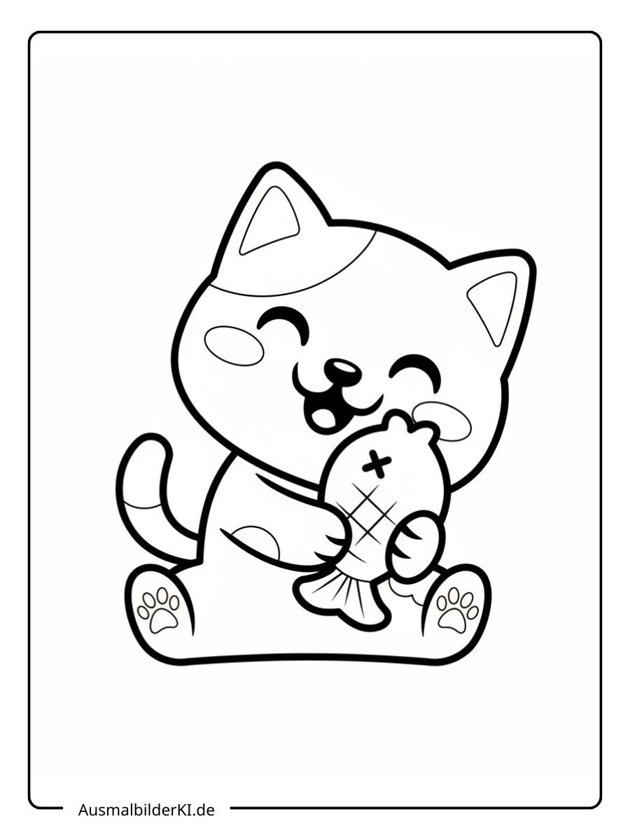 Süßes und einfaches kostenloses Katze Ausmalbild als PDF zum Ausdrucken. Ein glückliches Kätzchen umarmt einen Spielzeugfisch.