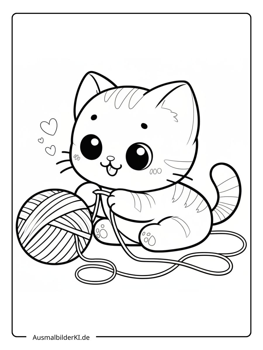 Süßes Ausmalbild im Kawaii-Stil mit einem Kätzchen, das fröhlich mit einem Wollknäuel spielt, umgeben von kleinen Herzen