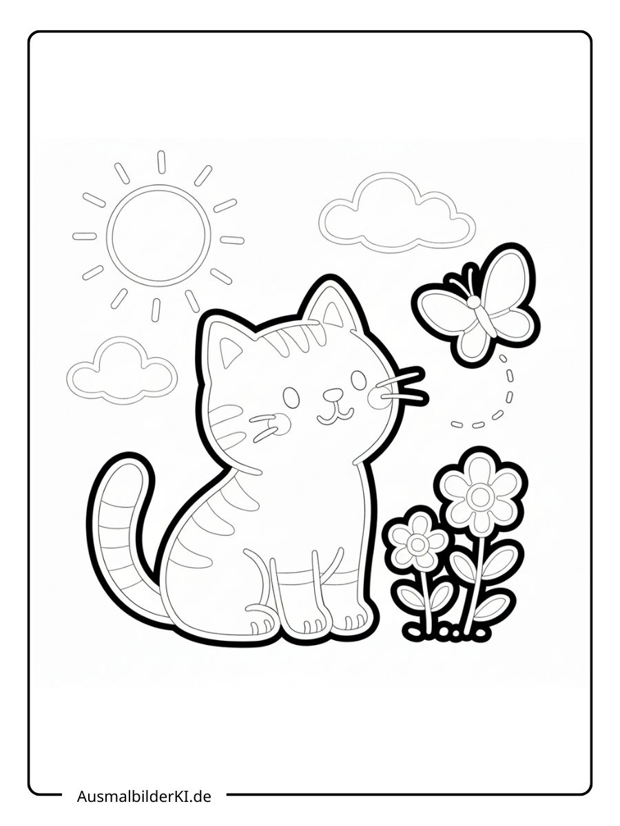 Ein kostenloses Katze Ausmalbild als PDF zum Ausdrucken, das eine süße Katze zeigt, die draußen mit Blumen, einem Schmetterling, Sonne und Wolken spielt.
