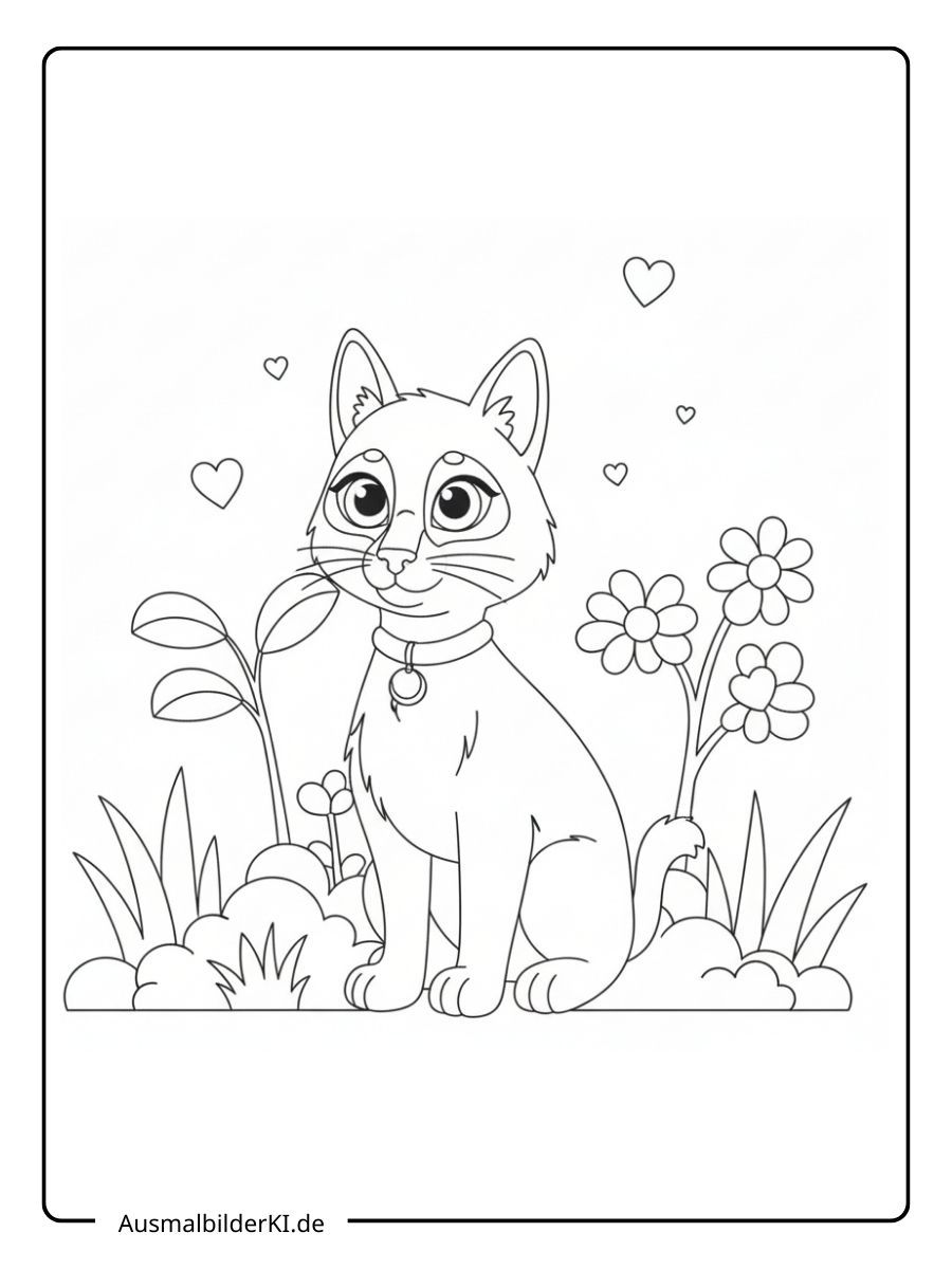 Ein kostenloses Katze Ausmalbild als PDF zum Ausdrucken, das eine niedliche sitzende Katze mit Halsband draußen zwischen Blumen und kleinen Herzen zeigt.