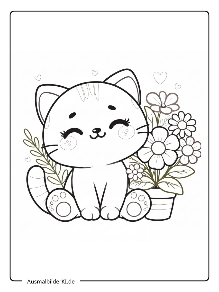 Süßes Ausmalbild einer kleinen Katze mit großen Augen, die in einem Korb voller Blumen sitzt