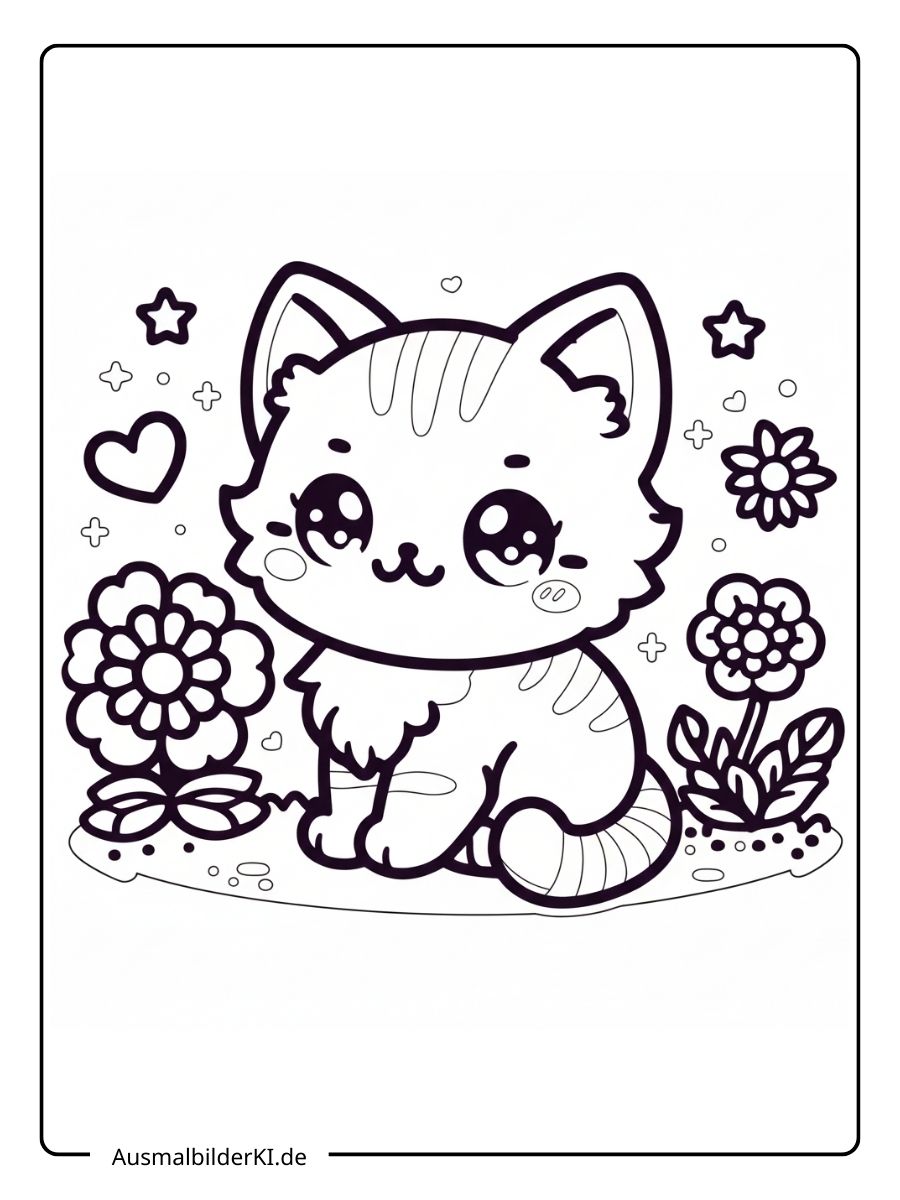 Süßes Ausmalbild im Kawaii-Stil mit einer kleinen Katze, die zwischen Blumen sitzt, umgeben von Sternen und einem Herz