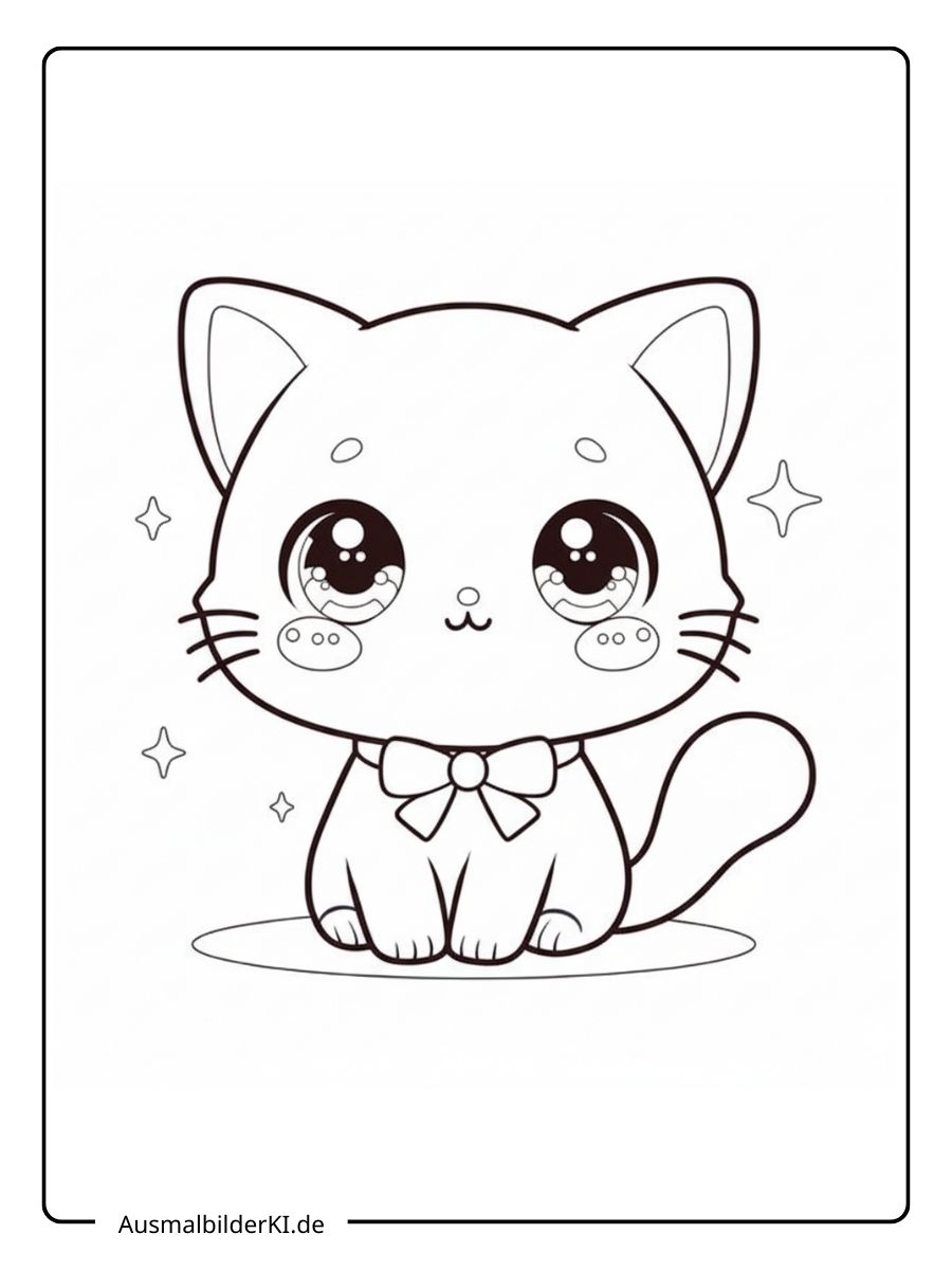 Süßes Ausmalbild einer kleinen Katze mit großen Augen und einer Schleife zum Ausdrucken