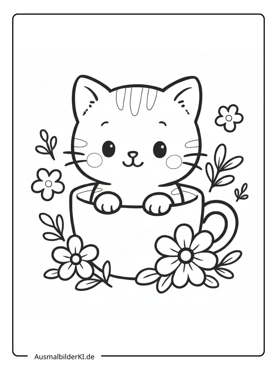 Süßes Ausmalbild einer kleinen Katze im Kawaii-Stil, die in einer Tasse sitzt, umgeben von Blumen und Blättern