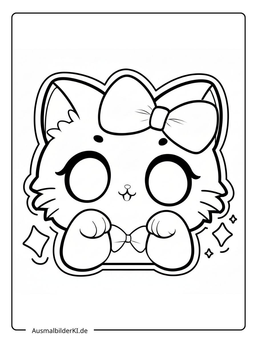 Süßes Ausmalbild im Kawaii-Stil mit einer kleinen Katze, die eine große Schleife auf dem Kopf und eine kleine Fliege trägt, umgeben von kleinen Sternen