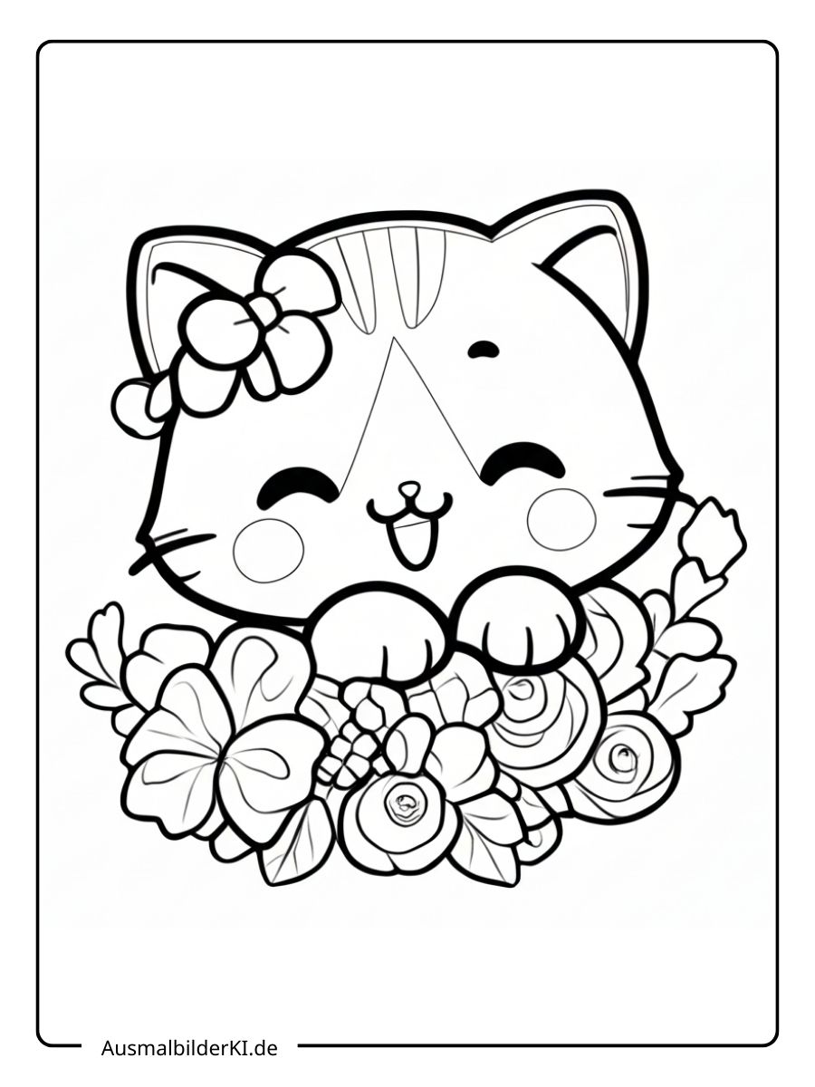 Süßes Ausmalbild im Kawaii-Stil mit einer glücklichen kleinen Katze, die hinter einem großen Blumenstrauß hervorschaut