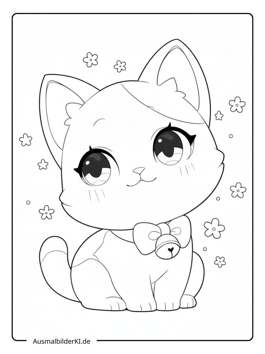 Ein kostenloses Katze Ausmalbild als PDF zum Ausdrucken, das ein süßes Kätzchen mit großen Augen, einer Schleife und kleinen Blumen zeigt.