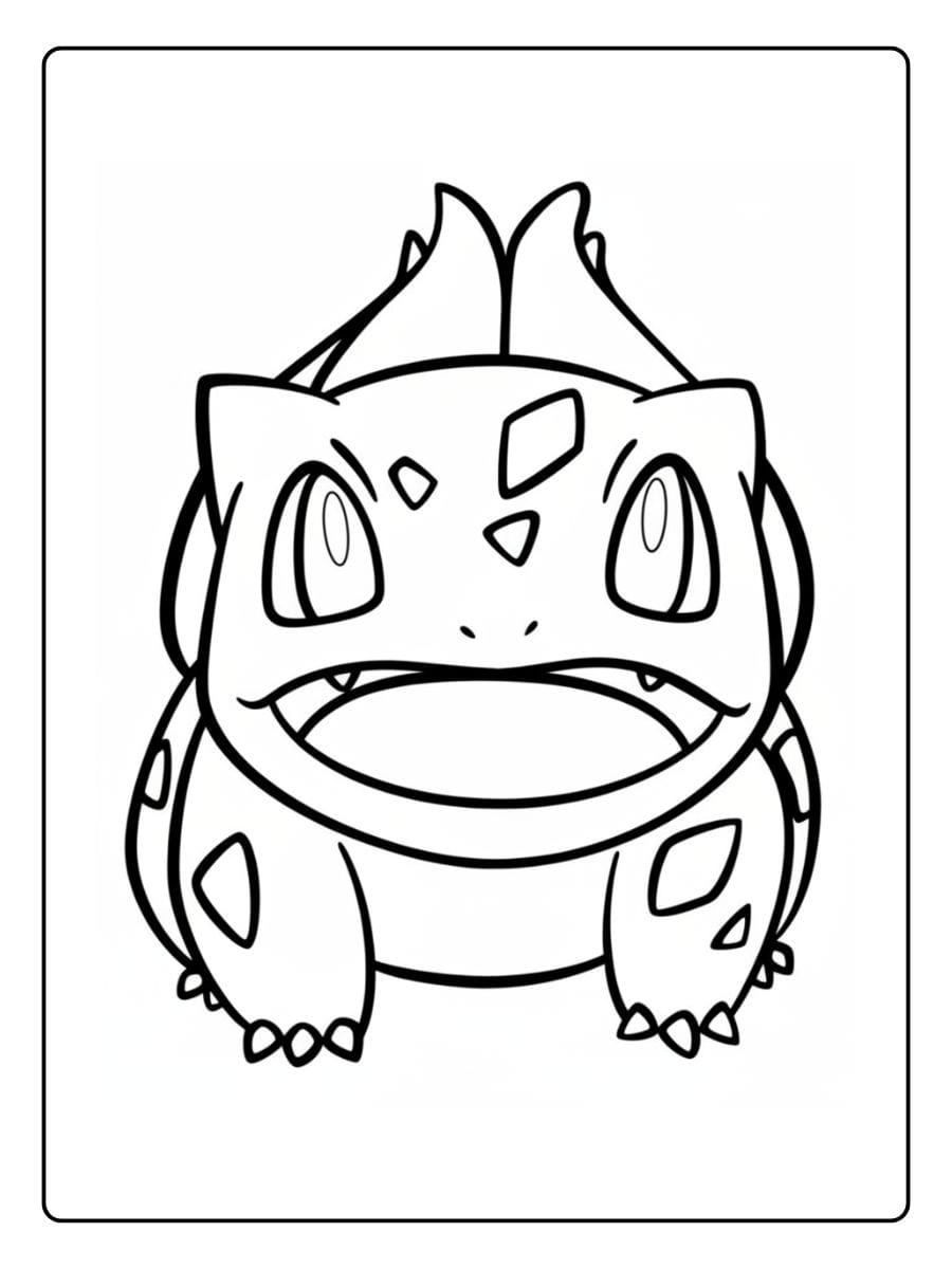 Einfaches Ausmalbild von dem süßen Pflanzen-Pokémon Bisasam in direkter Frontalansicht.