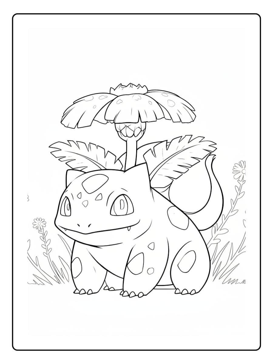 Einzigartiges Ausmalbild von dem Pflanzen-Pokémon Bisasam, das friedlich auf einer Wiese sitzt.