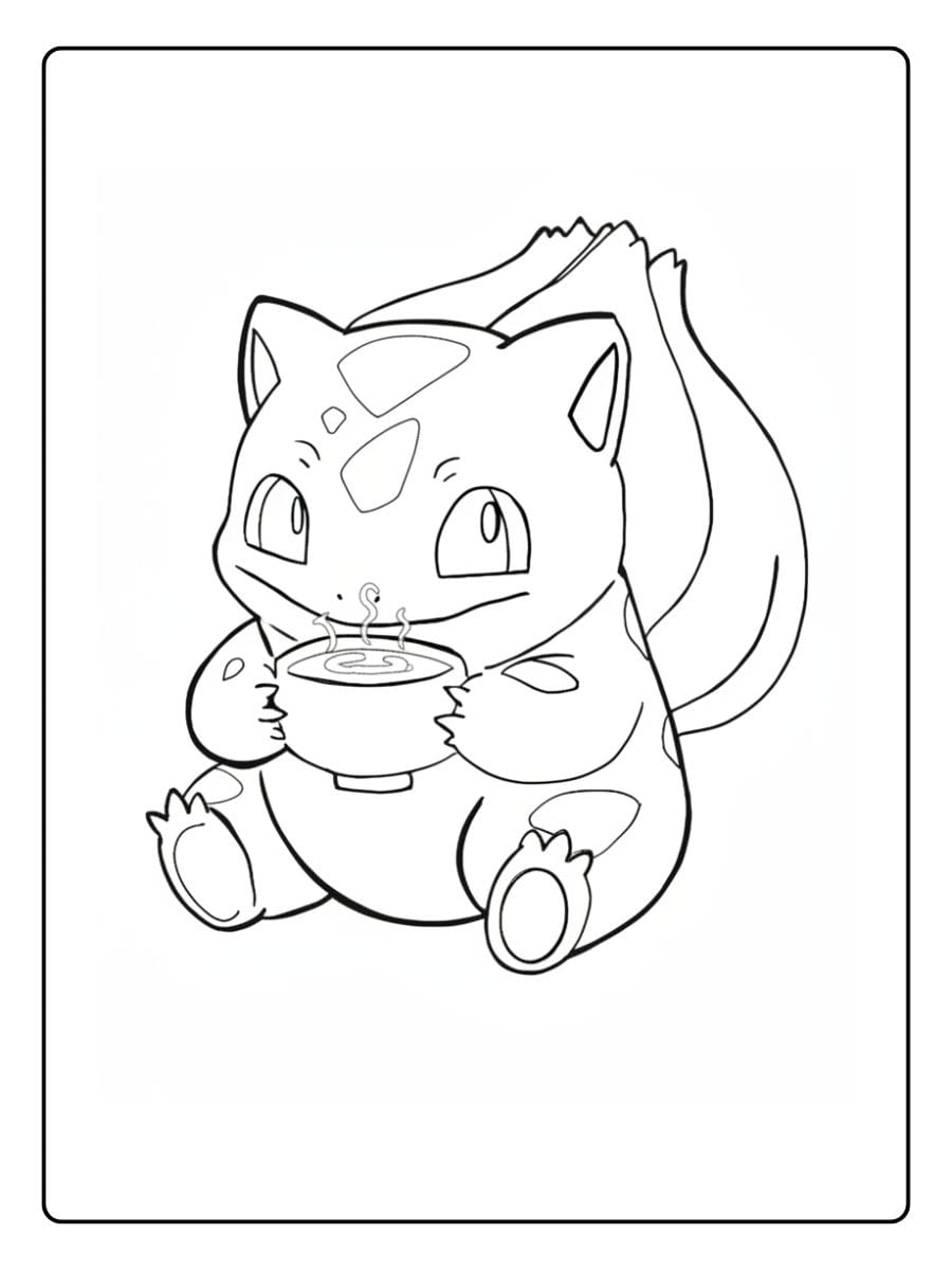Einfaches Ausmalbild von dem süßen Pflanzen-Pokémon Bisasam, das gemütlich auf dem Boden sitzt und mit beiden Pfoten eine dampfende Tasse Tee oder Kakao hält.