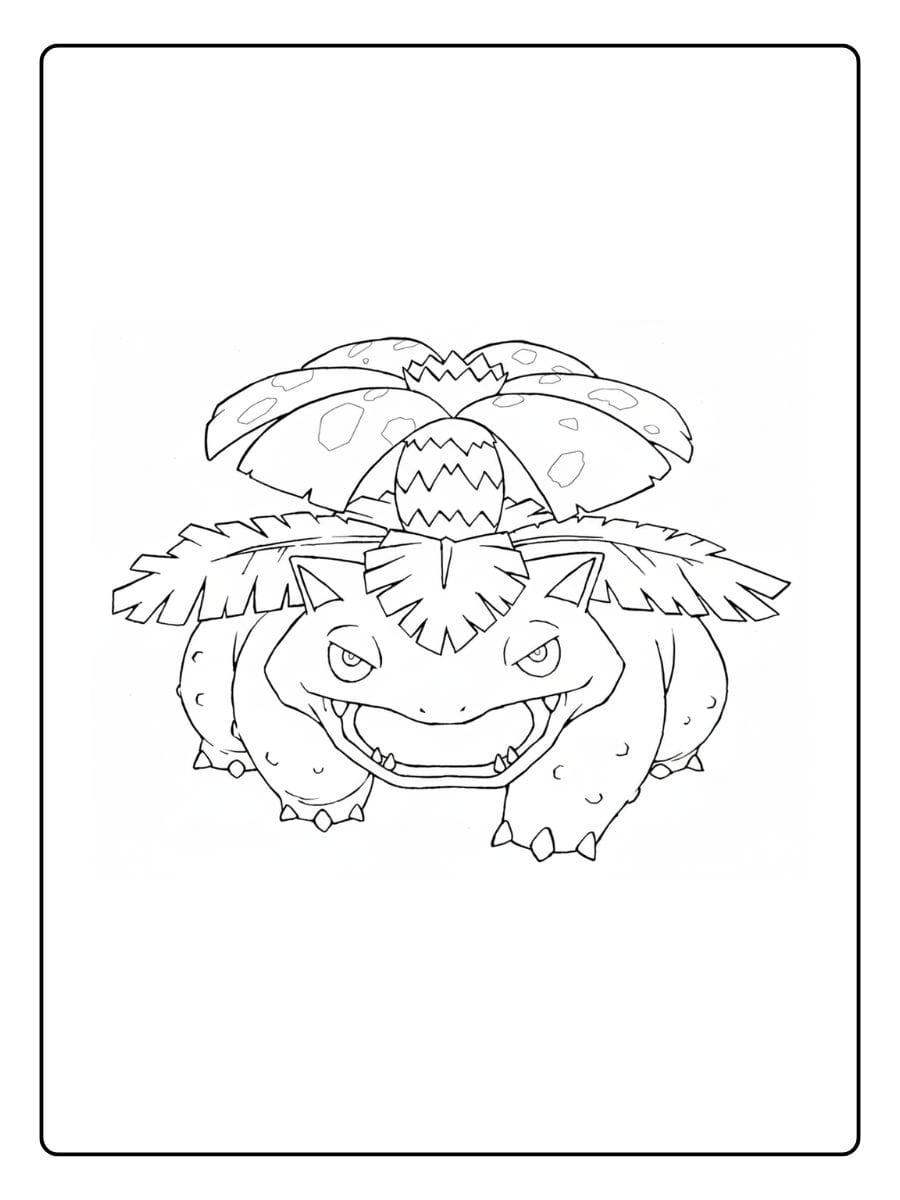 Ausmalbild des mächtigen Pflanzen-Pokémons Bisaflor in Frontalansicht.