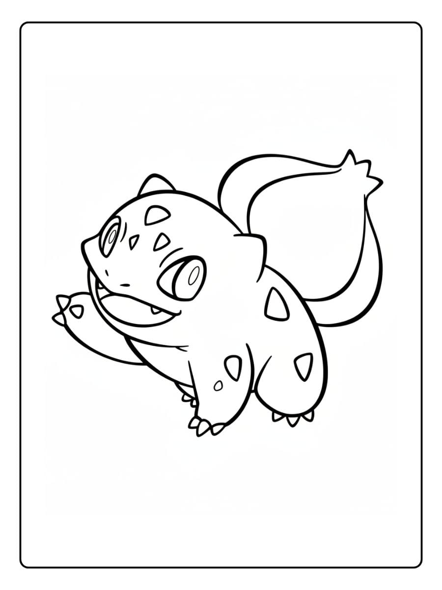 Einfaches Ausmalbild von dem fröhlichen Pflanzen-Pokémon Bisasam, das über seine Schulter nach hinten schaut.