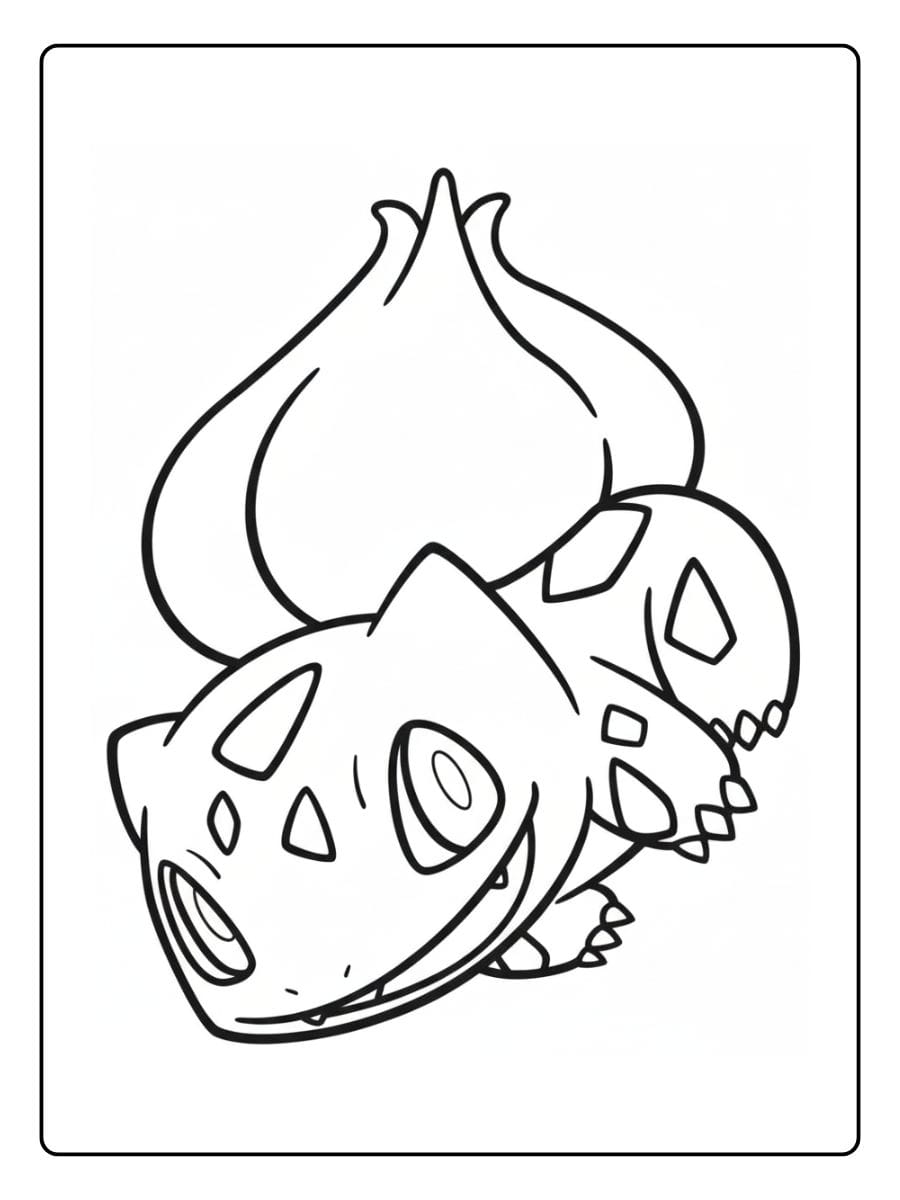 Einfaches Ausmalbild von dem süßen Pflanzen-Pokémon Bisasam, das gemütlich auf dem Boden liegt oder kriecht.