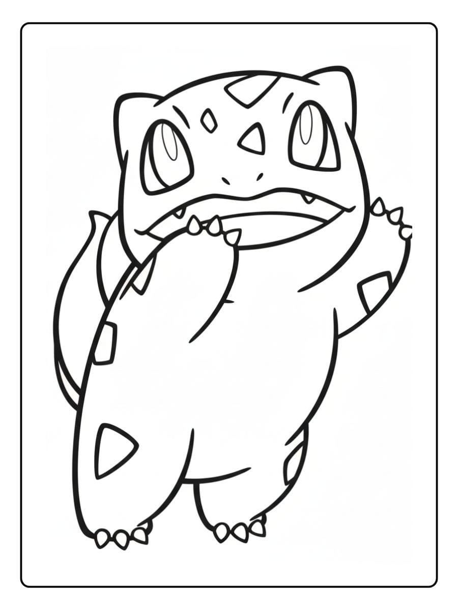 Einfaches Ausmalbild von dem süßen Pflanzen-Pokémon Bisasam, das fröhlich auf den Hinterbeinen steht und nach oben schaut