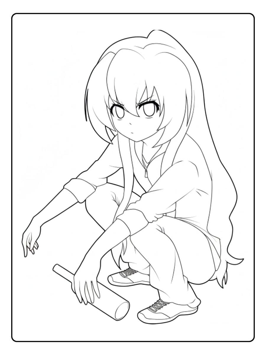 Anime Ausmalbilder Hockendes Mädchen mit Flasche
