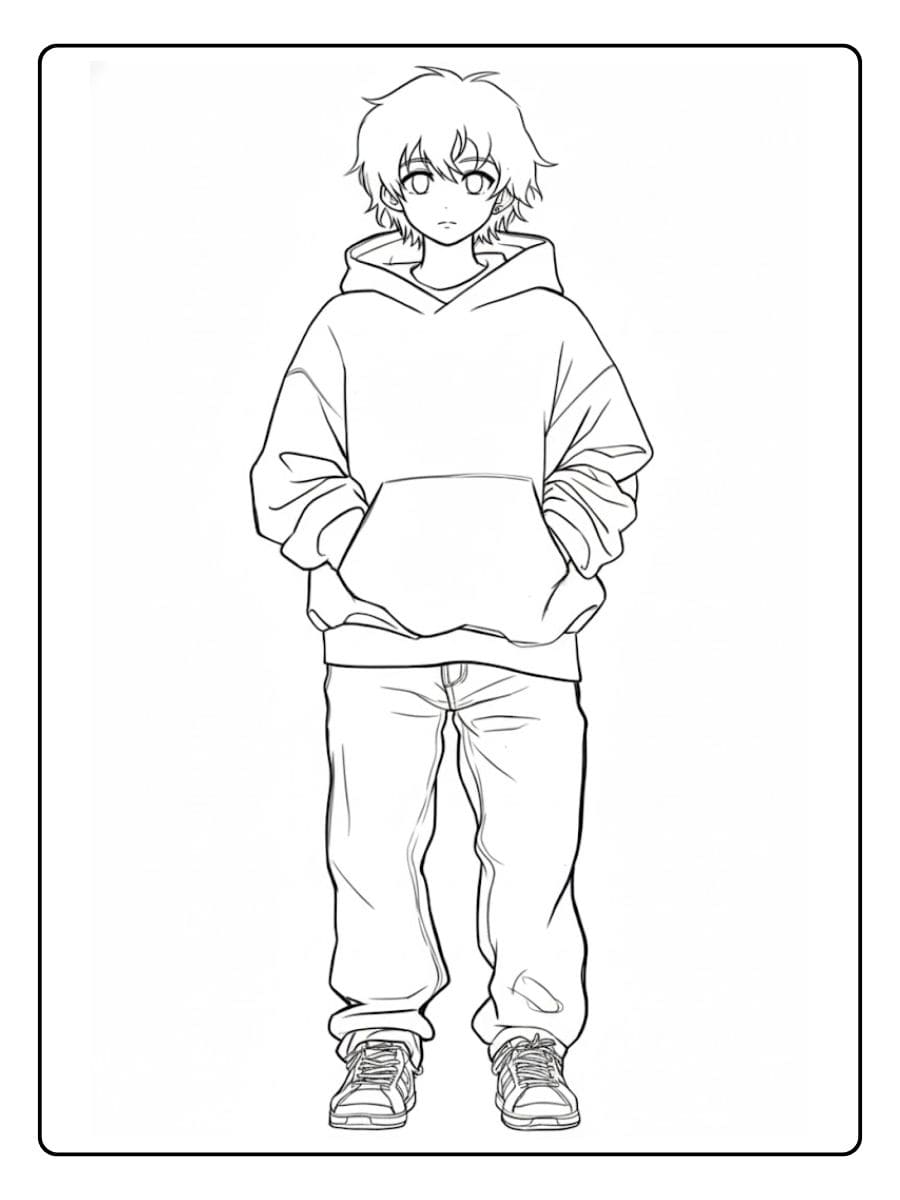 Anime Ausmalbilder Jungs Einfache Umrisszeichnung eines Jungen in einem Hoodie