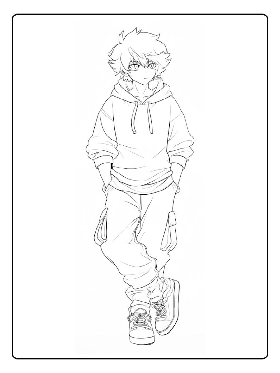 Anime Ausmalbilder Jungs Lässiger Kapuzenpulli und Cargo Hose