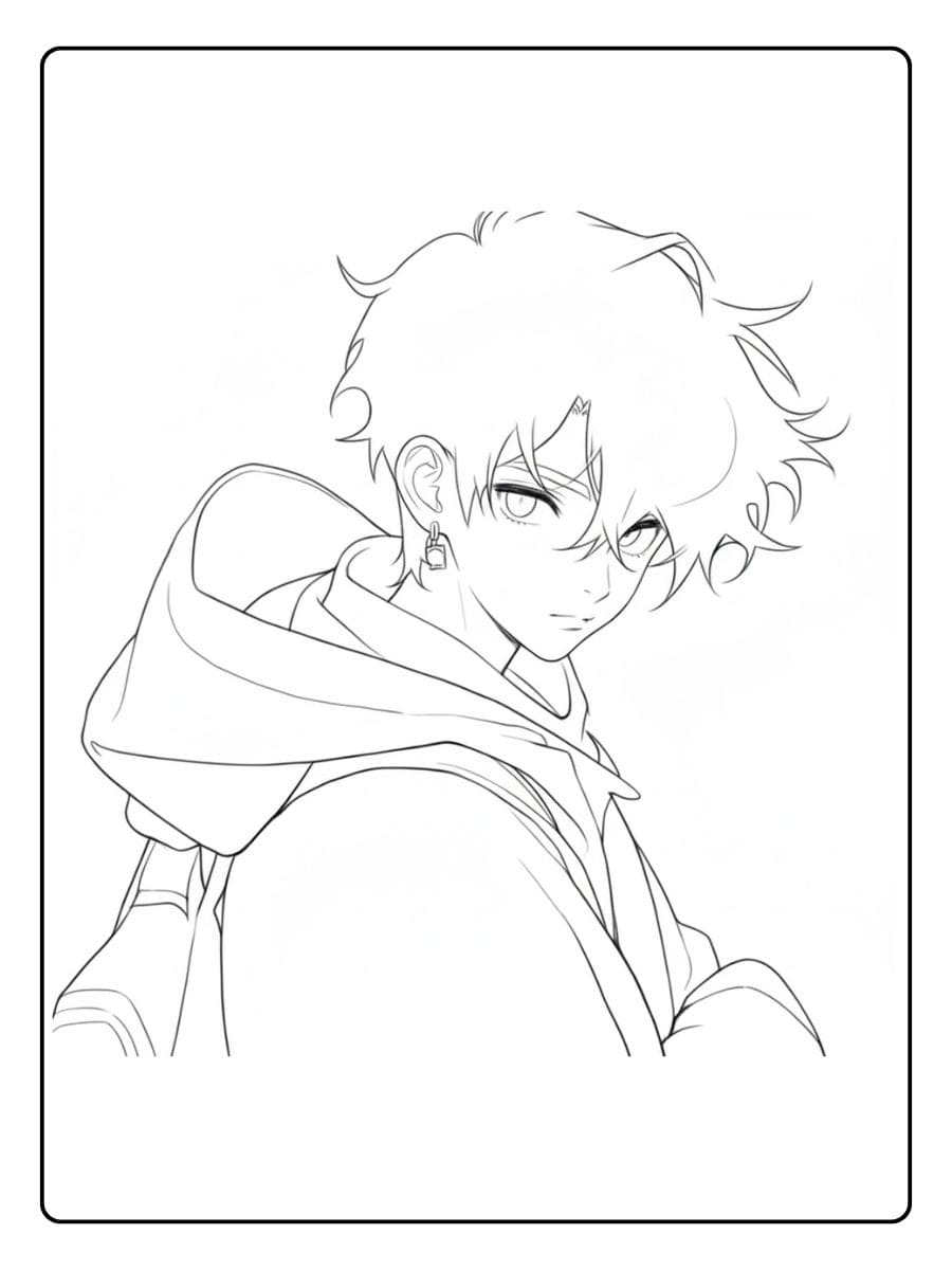 Anime Ausmalbilder Jungs Lässiger junger Mann mit Kapuzenpulli und lockigem Haar