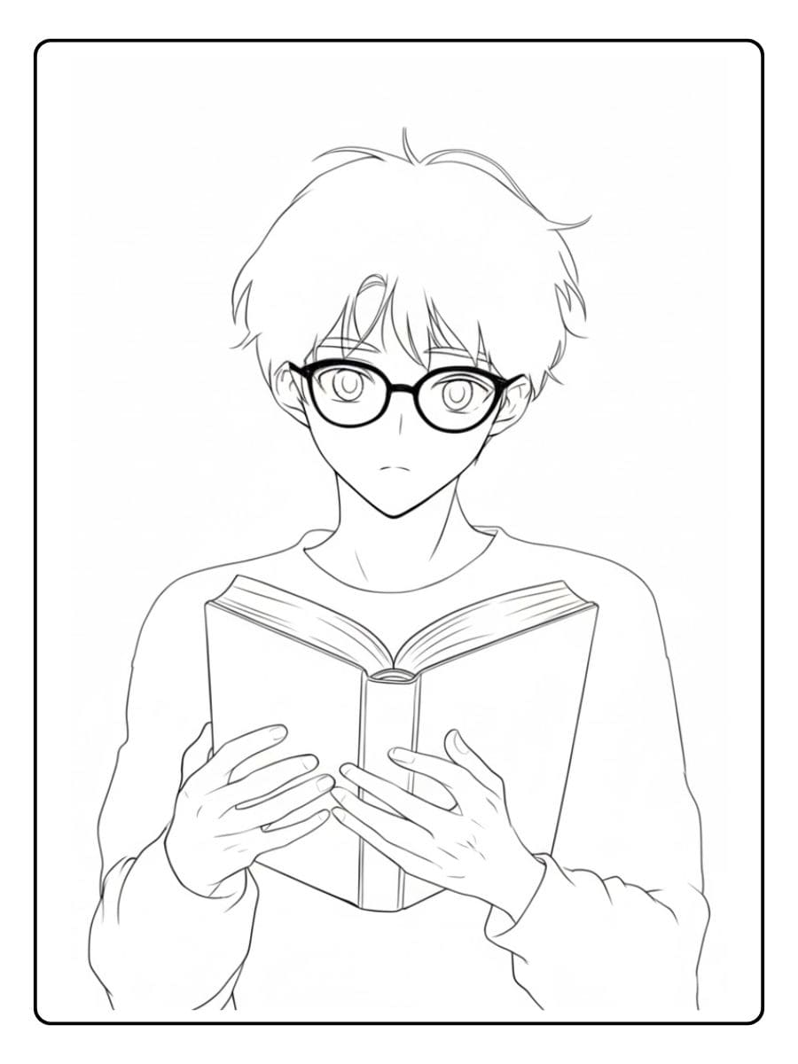 Anime Ausmalbilder Jungs Lesender Junge mit Brille