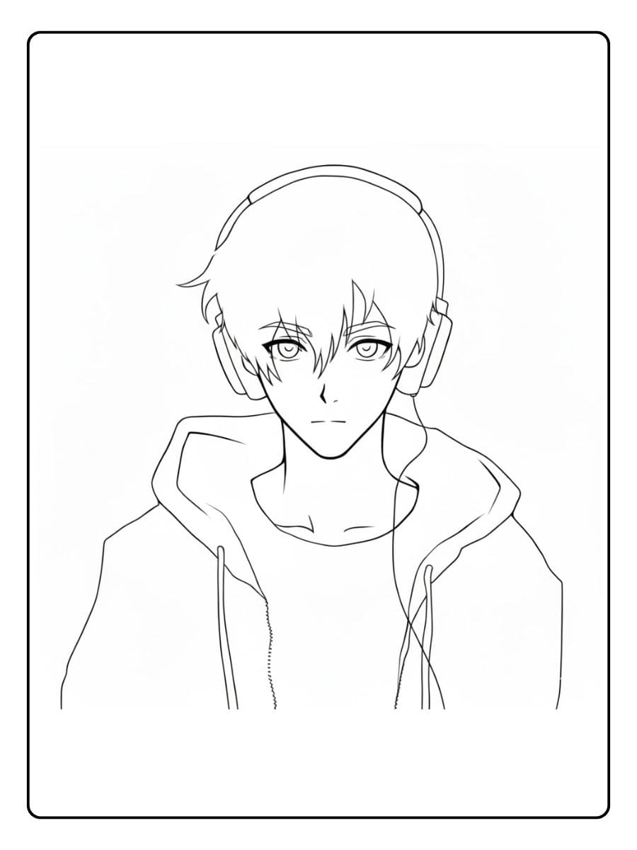 Anime Ausmalbilder Jungs Kopfhörer Junge Einfache Schwarz Weiß Skizze