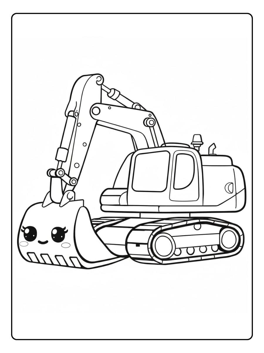 Ausmalbild Bagger Kindgerecht mit Gesicht