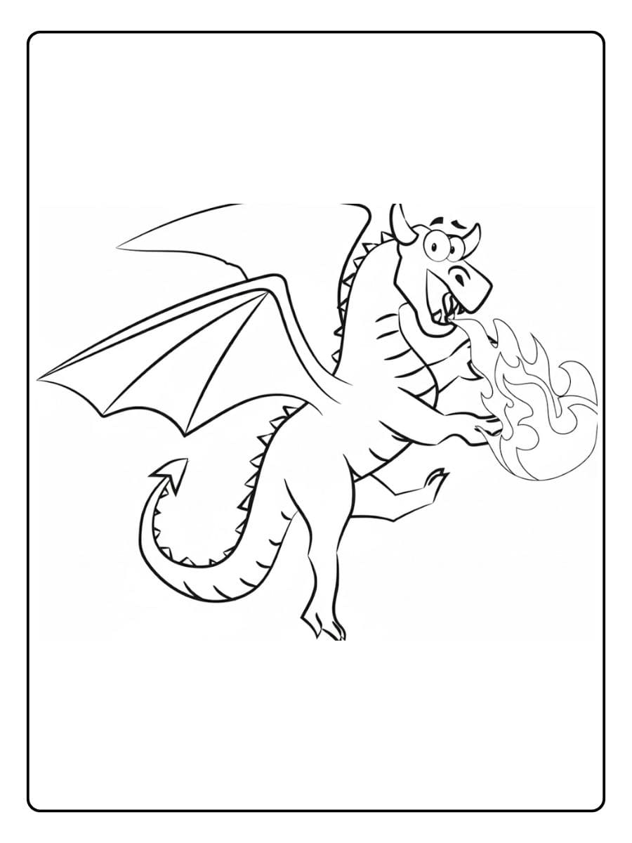 Ausmalbild Drache Flug Szene mit dicken Linien zum Ausmalen