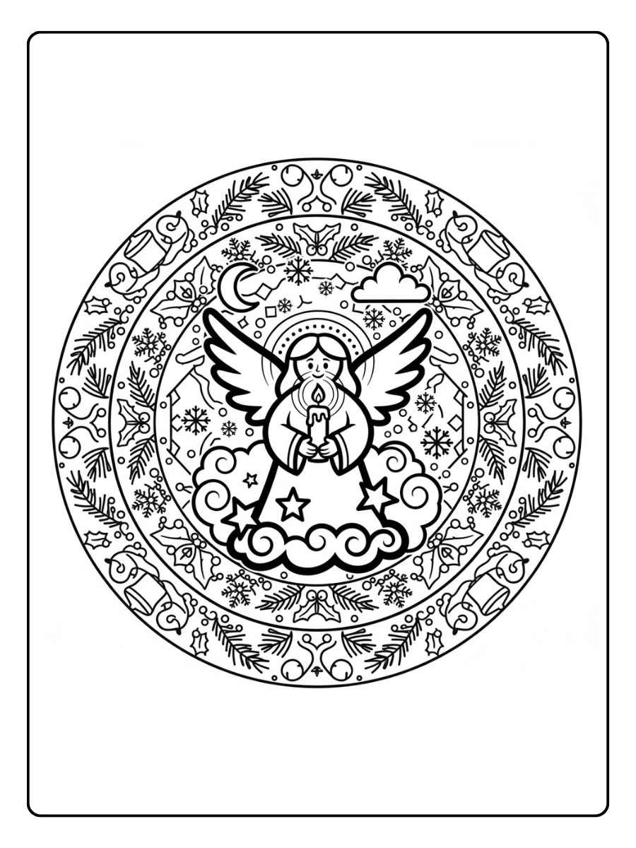 Ausmalbild Engel Weihnachten als Mandala mit weihnachtlichen Mustern