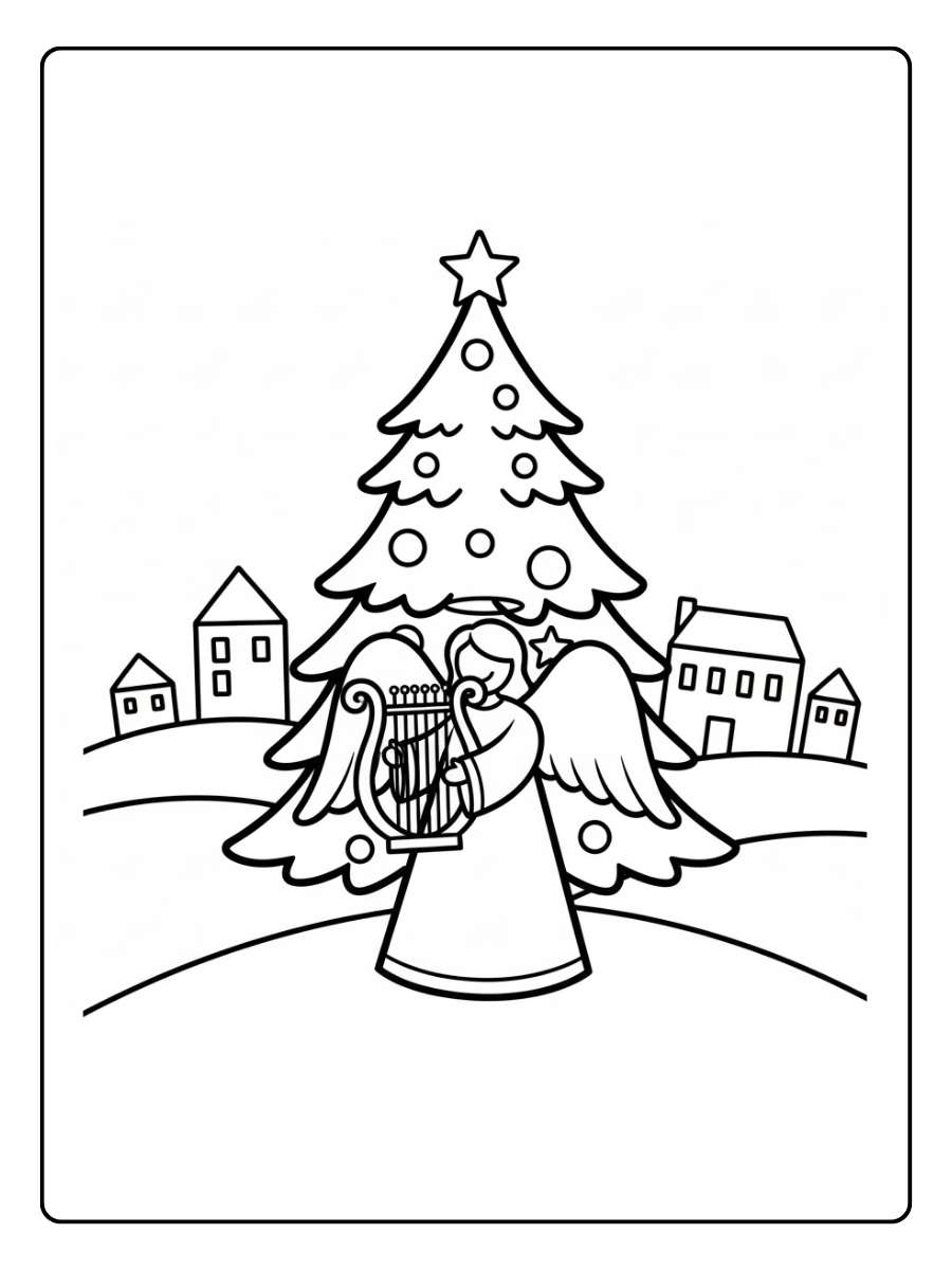 Ausmalbild Engel Weihnachten beim Musizieren mit Harfe oder Trompete