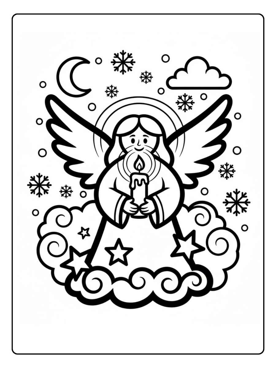 Ausmalbild Engel Weihnachten der Geschenke an Kinder verteilt