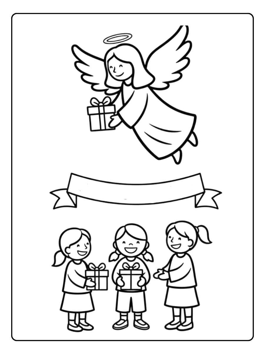 Ausmalbild Engel Weihnachten der friedlich über einer Krippe schwebt