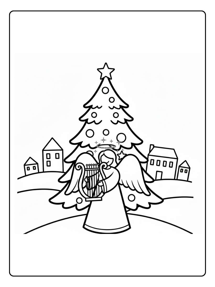 Ausmalbild Engel Weihnachten im winterlichen Wolkenhimmel