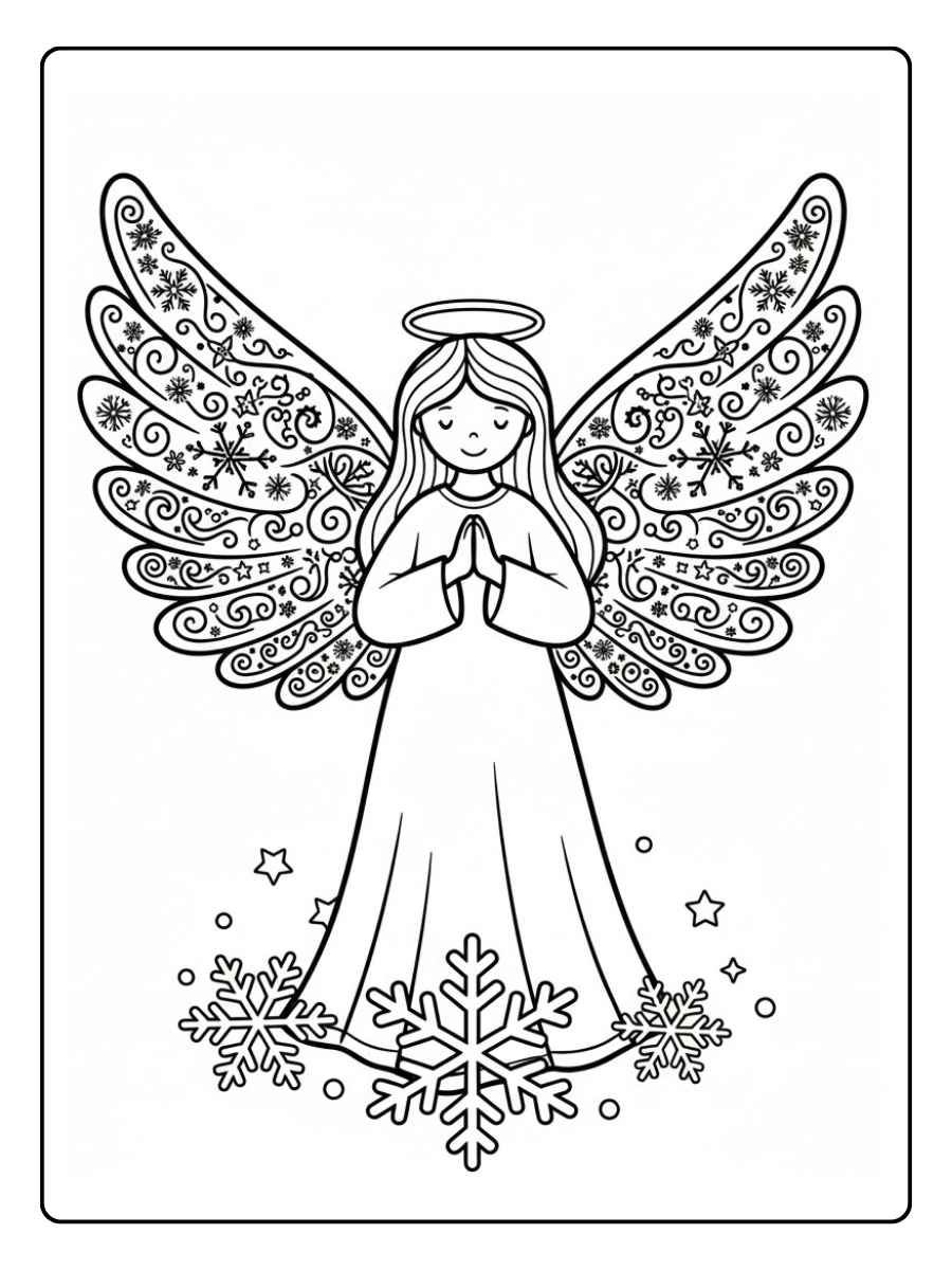 Ausmalbild Engel Weihnachten mit Flügeln aus Schneeflocken