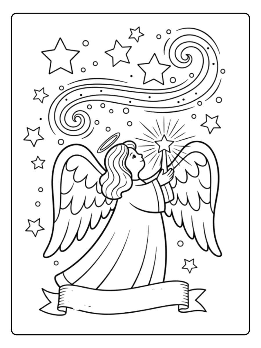 Ausmalbild Engel Weihnachten mit glitzerndem Heiligenschein