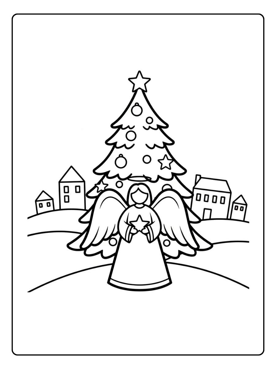 Ausmalbild Engel Weihnachten mit großem Weihnachtsbaum im Hintergrund
