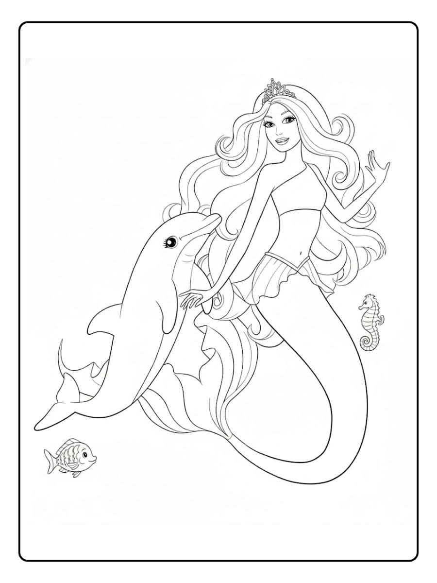 Ausmalbild Meerjungfrau Barbie mit Delphin und Robbe