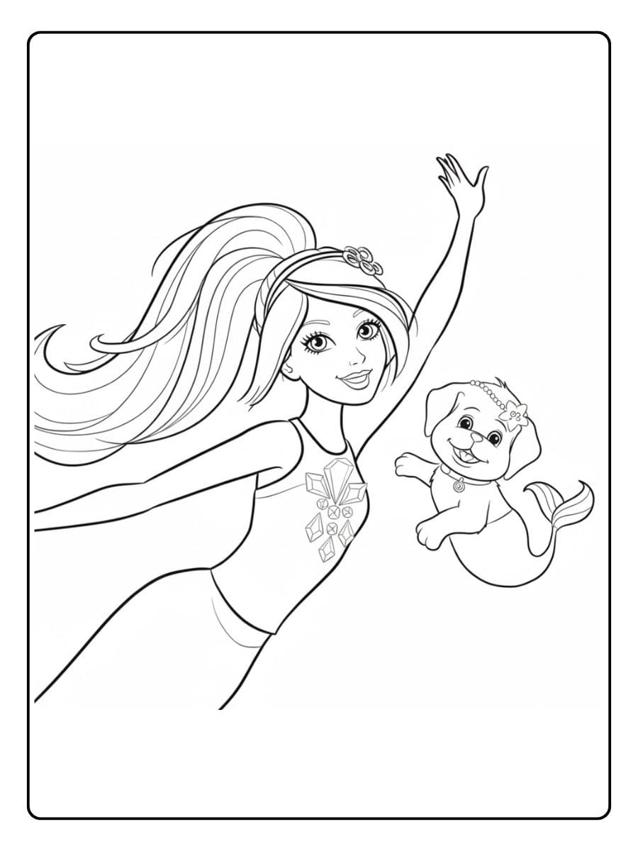 Ausmalbild Meerjungfrau Barbie mit Hund