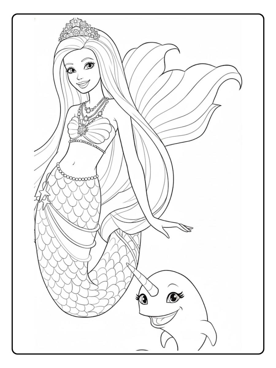 Ausmalbild Meerjungfrau Barbie mit Narwal Freund