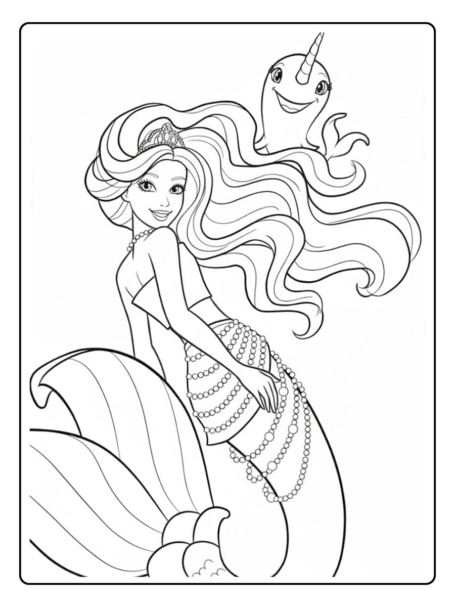 Ausmalbild Meerjungfrau Barbie und Narwal