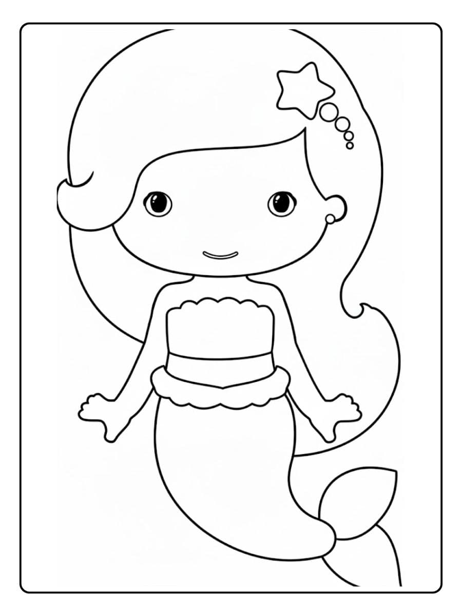 Ausmalbild Meerjungfrau Niedliche Nixe mit großen Augen