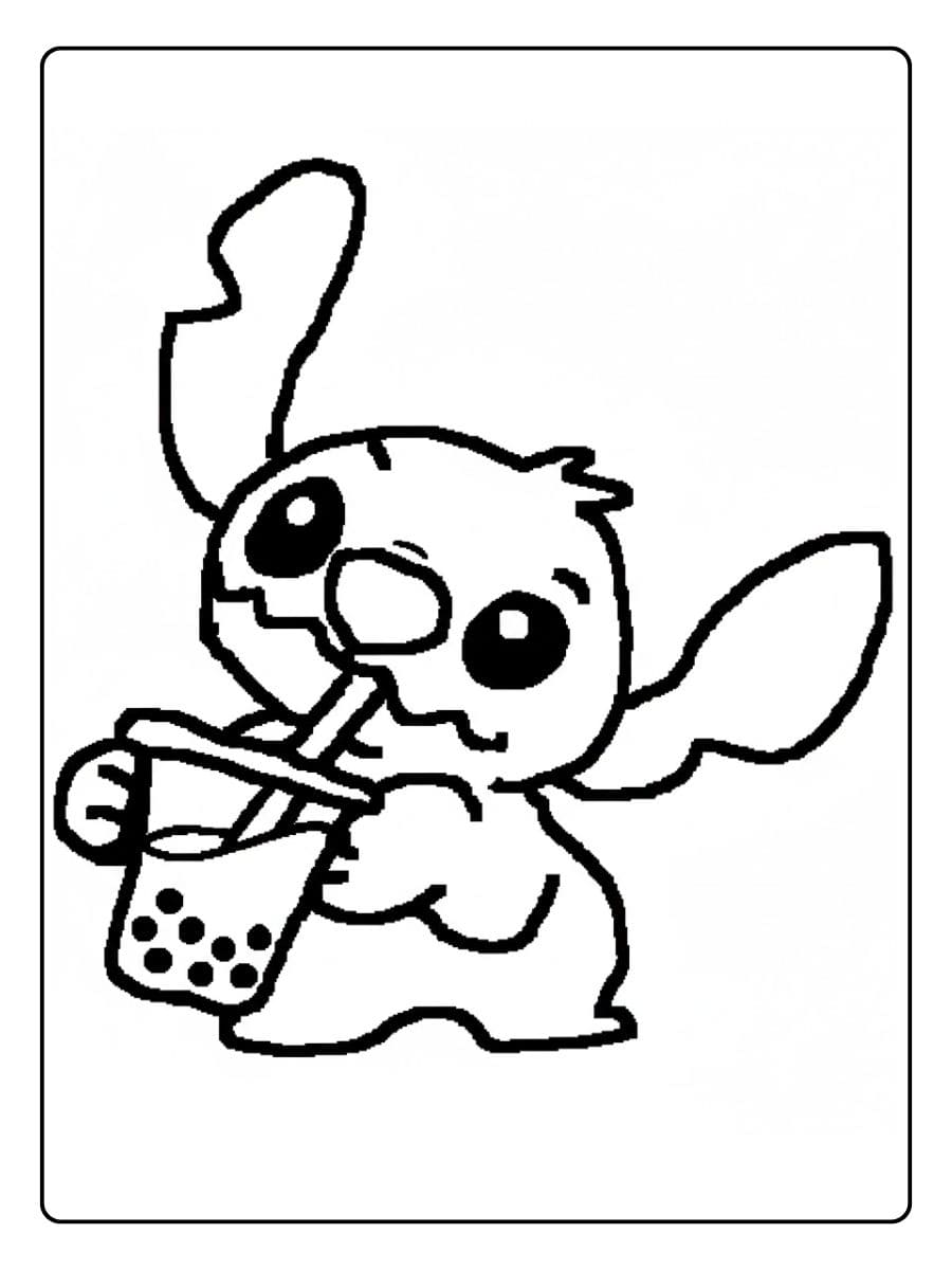 Ausmalbild Stitch mit Bubble Tea – Einfache Umrisszeichnung