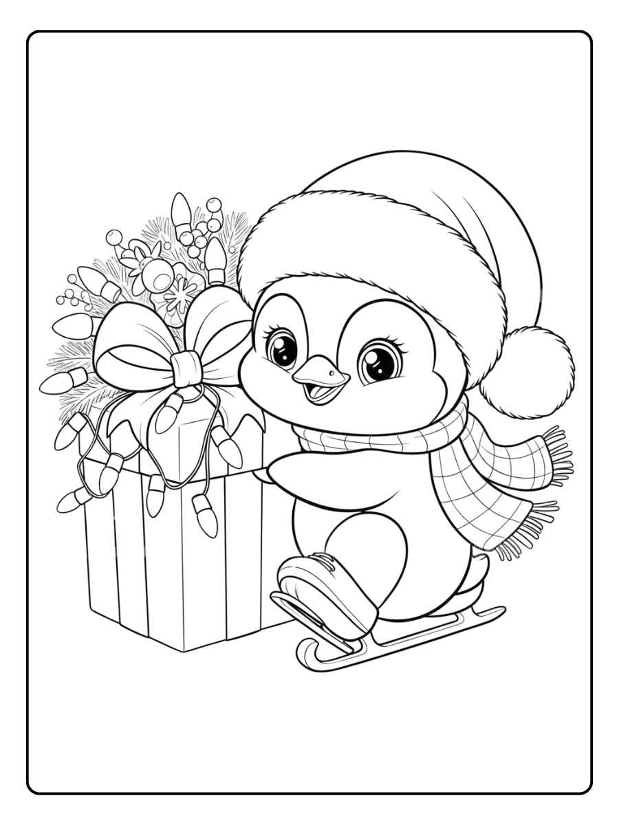 Ausmalbild Weihnachten Pinguin Geschenke