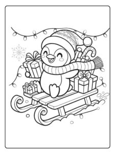 Ausmalbild Weihnachten Pinguin Schlittenfahrt