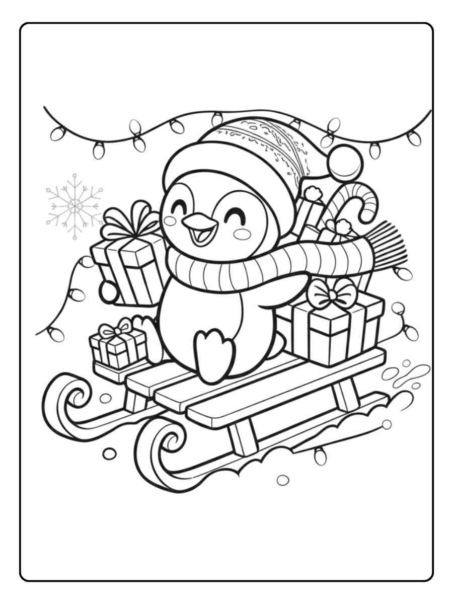 Ausmalbild Weihnachten Pinguin Schlittenfahrt