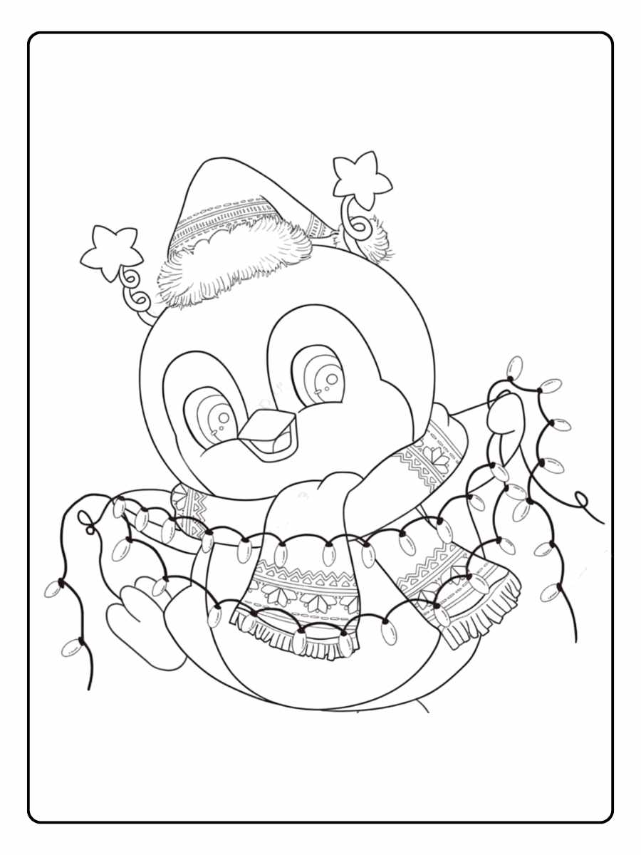 Ausmalbild Weihnachten Pinguin Schneeballschlacht