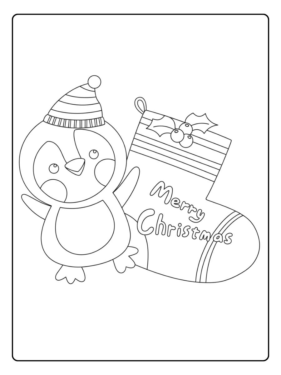 Ausmalbild Weihnachten Pinguin mit Nikolausmütze