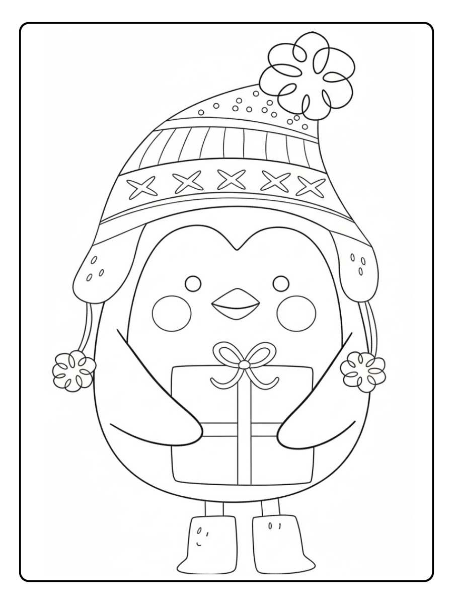 Ausmalbild Weihnachten Pinguin mit Rentier